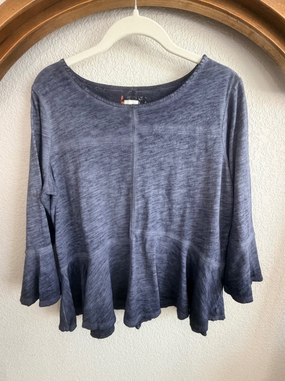 Anthropologie Akemi + Kin Seamed Peplum Tee Blue Gray Bell Sleeve Sz Small
